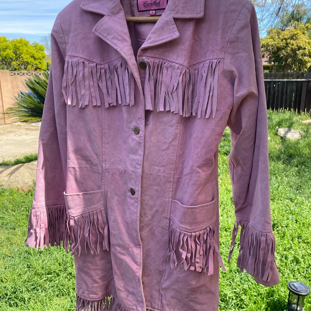 VTG Early 1990s Barbie Pink Western Fringe Leather Suede Coat